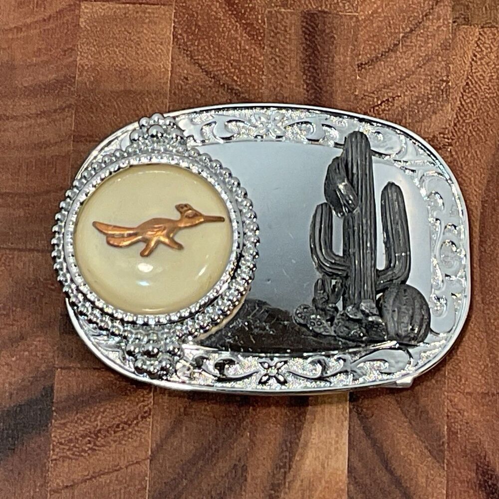 Vintage Western Belt Buckle Arizona Roadrunner Saguaro Cactus Silver Southwest